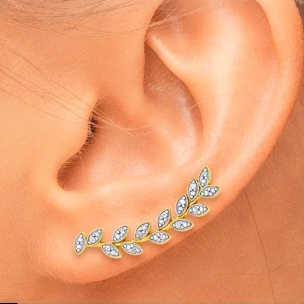 Ear climber earrings gold plated diamond accent